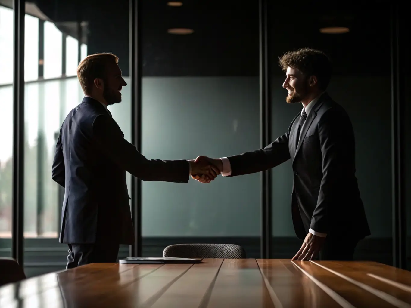 A professional photograph of a funeral home owner shaking hands with a Mulah representative, symbolizing trust and partnership.