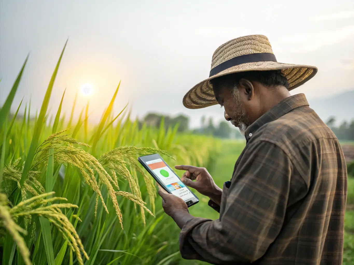A farmer receiving funds via a mobile banking app on their smartphone while standing in a field, illustrating the convenient disbursement of funds from OnDeckClone.