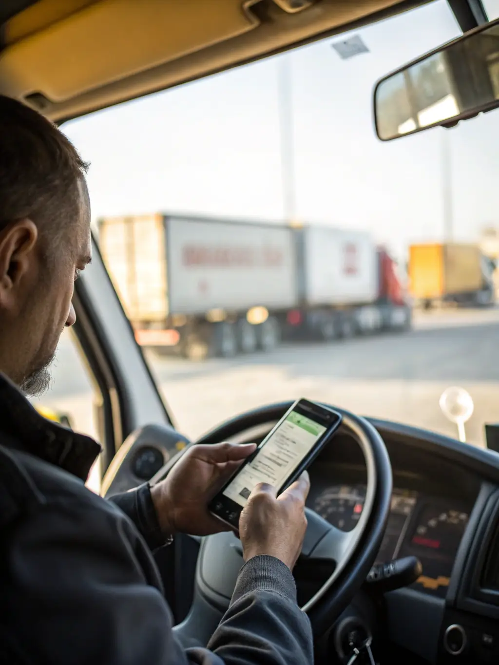 A close-up shot of a courier driver using a mobile app to manage deliveries, representing streamlined operations and technological advancement, used to illustrate the benefit of flexible funding options.