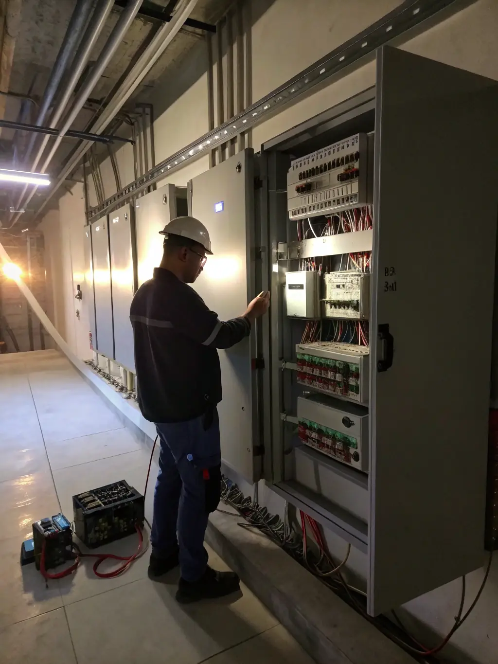 An electrician using advanced diagnostic tools on electrical panels in a commercial building, highlighting the need for specialized equipment and financing.