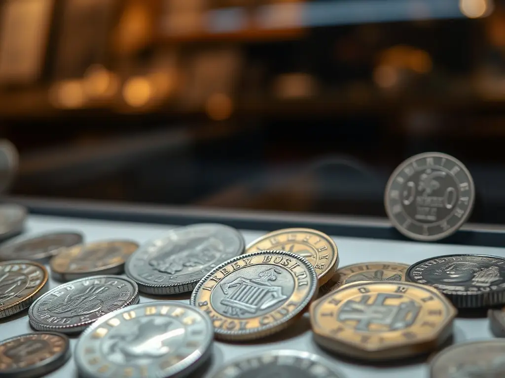 A professional photograph showcasing a coin dealer carefully examining a rare coin in their well-organized shop, highlighting the precision and expertise involved in the business.