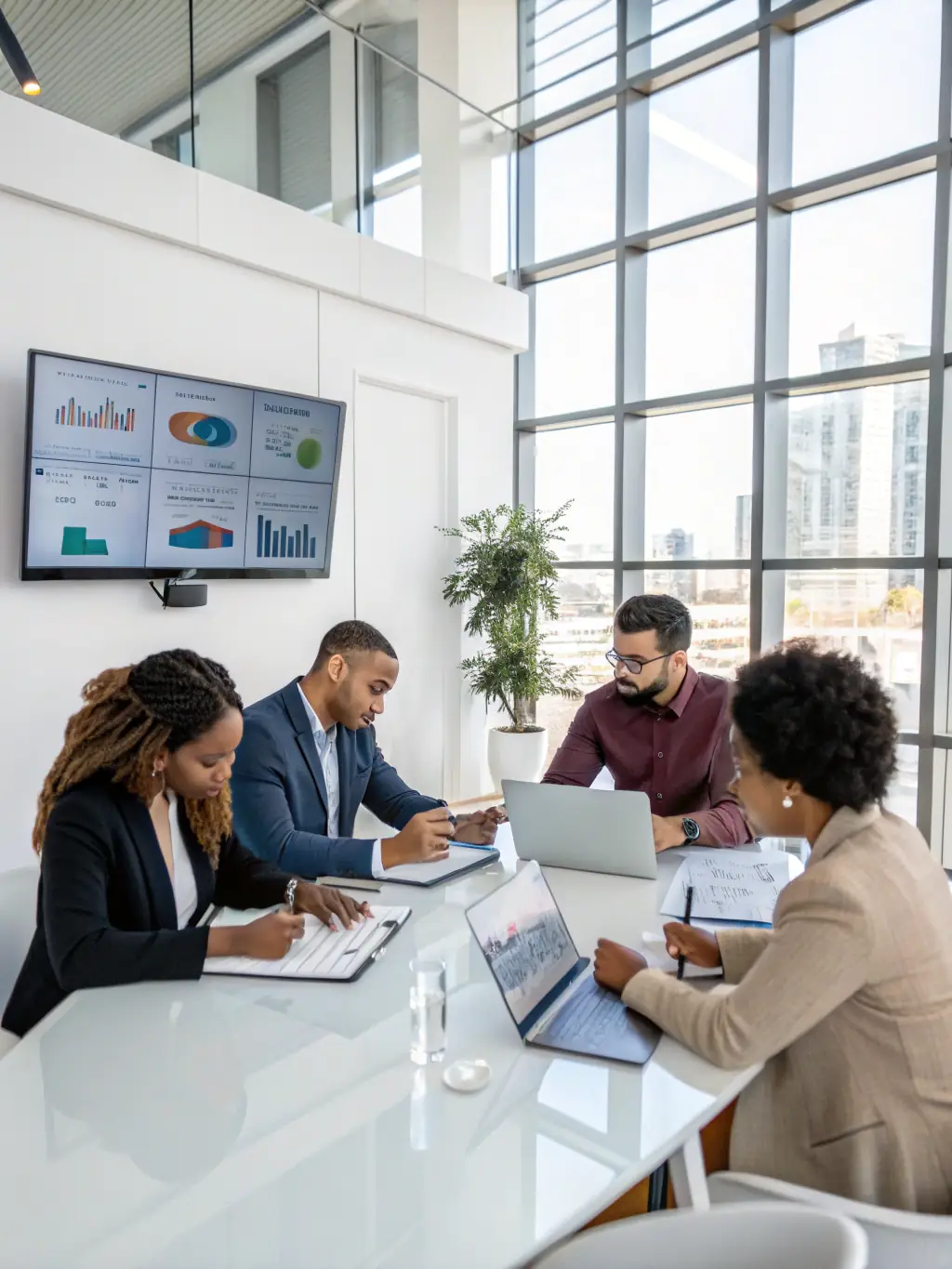 A photograph of a diverse team of environmental scientists and financial analysts collaborating in a modern office setting, reviewing data related to a renewable energy project.