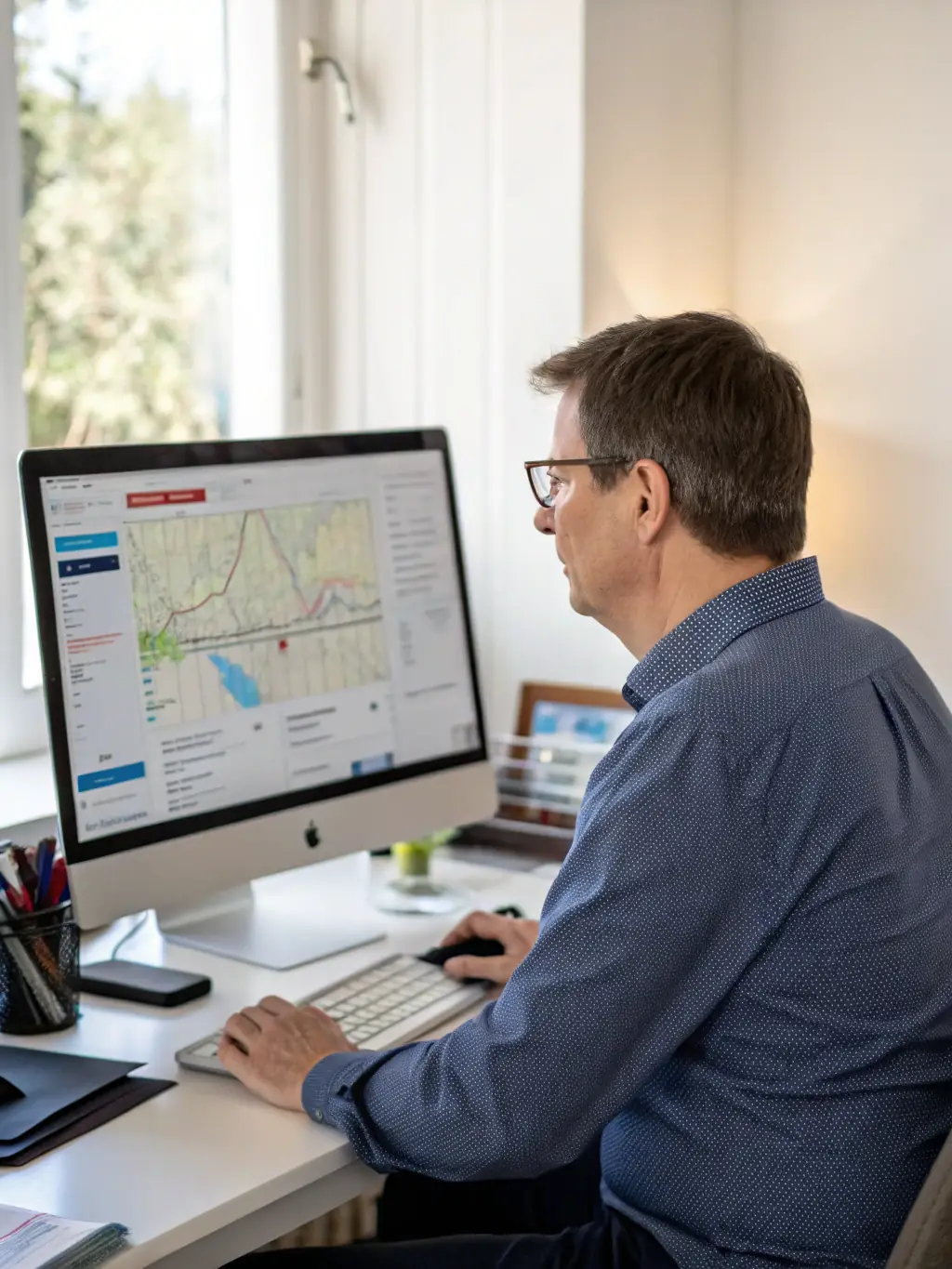 A furniture store owner analyzing sales data on a laptop, illustrating the need for strategic funding to optimize business performance and profitability.