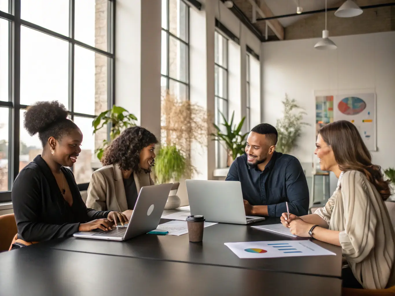 A group of detectives collaborating in a modern office space, discussing strategies and utilizing technology to solve complex cases, representing the collaborative nature of detective work.