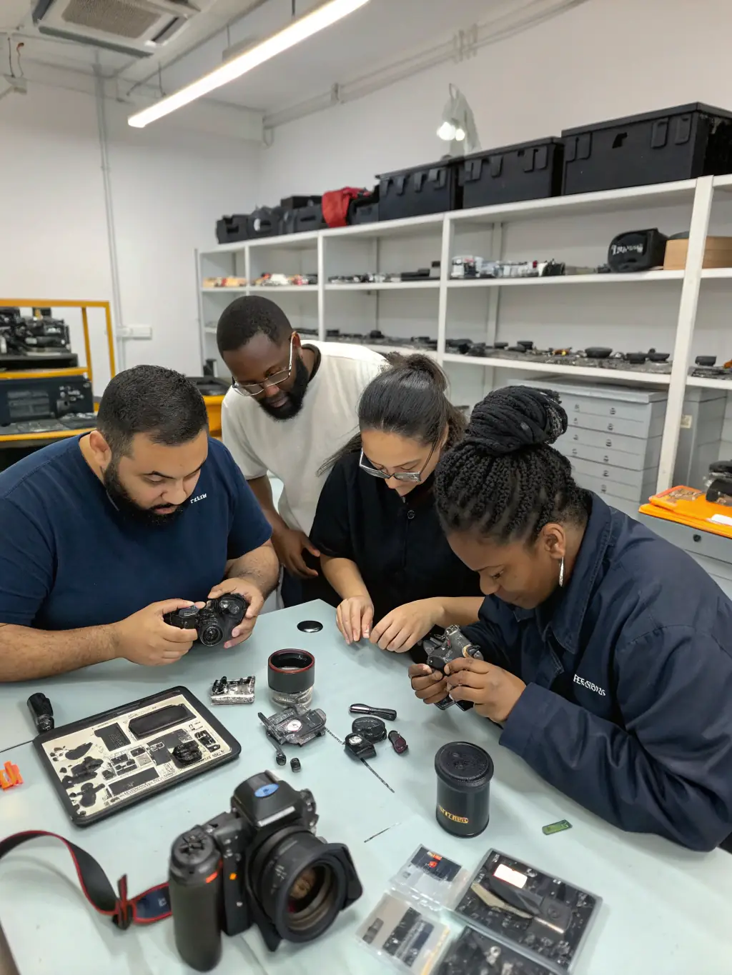 A diverse team of equipment repair specialists collaborating on a project, with a focus on teamwork and expertise.