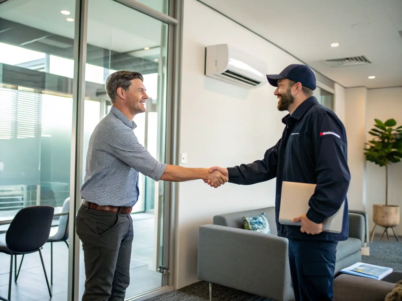 An HVAC business owner is confidently shaking hands with a Mulah representative, symbolizing a successful partnership and access to reliable funding.