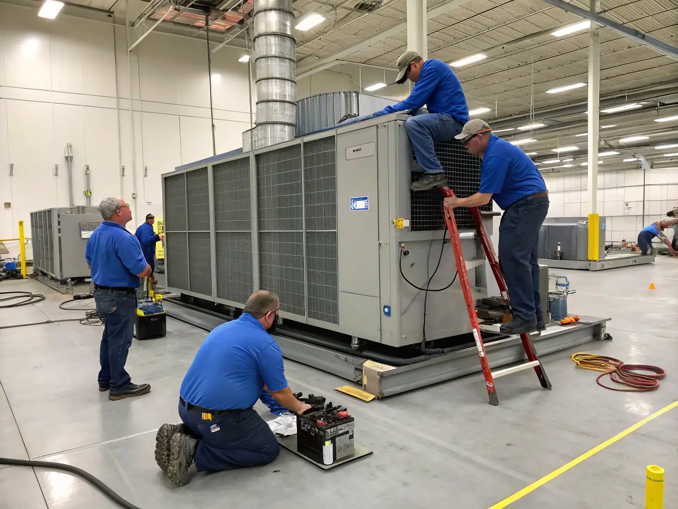A team of HVAC professionals installing a new HVAC system in a large commercial building, representing business expansion.
