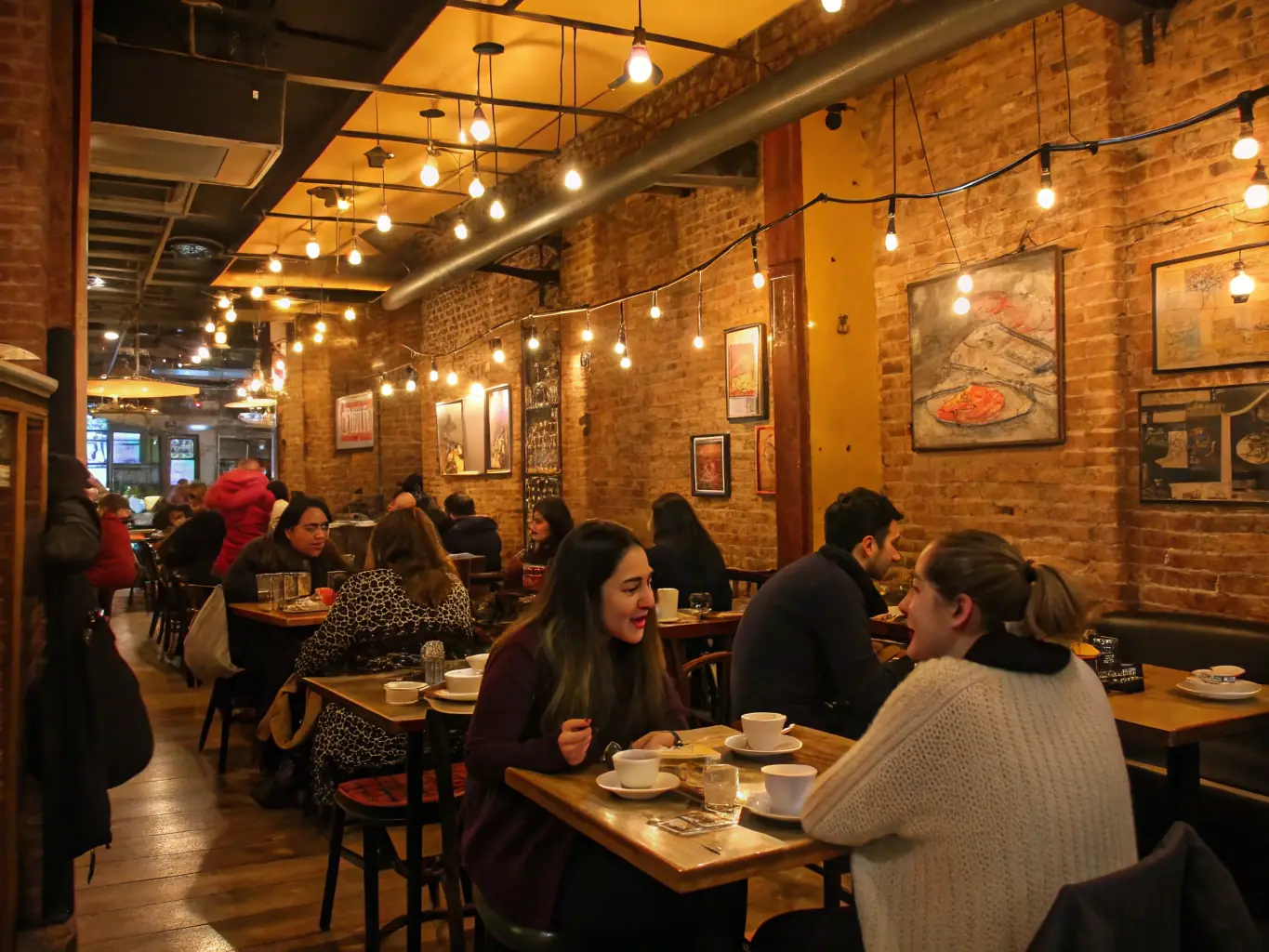 An image of a modern cafe interior with customers enjoying food and drinks, representing business expansion and customer satisfaction.