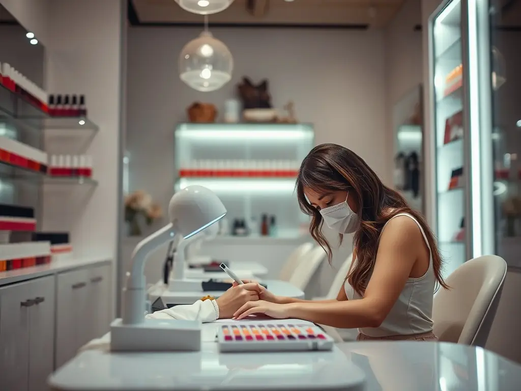A brightly lit, modern nail salon interior with several nail technicians working on clients, showcasing a busy and successful business environment.