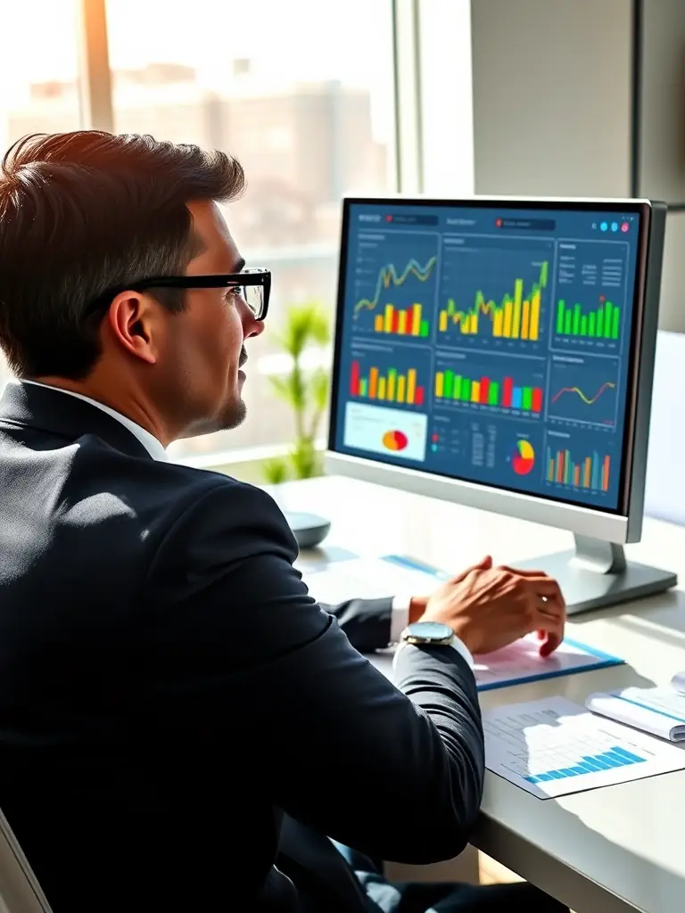 A professional insurance agent reviewing financial documents in a modern office setting, symbolizing careful planning and strategic decision-making for agency growth.