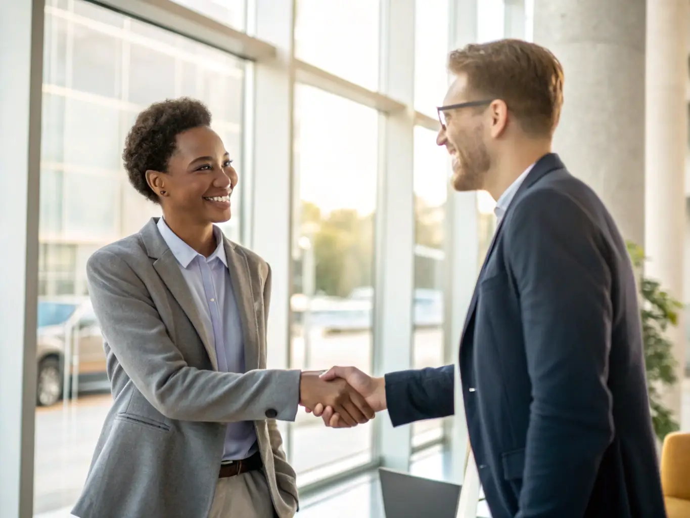 A vibrant image showcasing a successful equipment sales business owner shaking hands with a Mulah representative, symbolizing partnership and growth. The background features modern office space with equipment sales-related imagery.