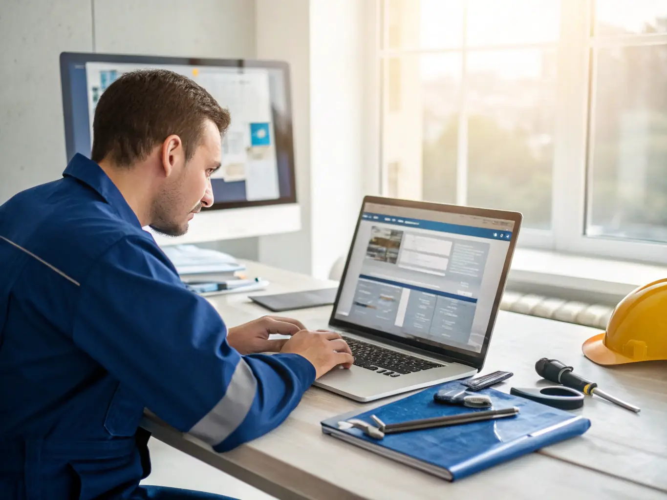 A contractor using a laptop in a well-lit office, managing finances and planning for future growth with Mulah's support.