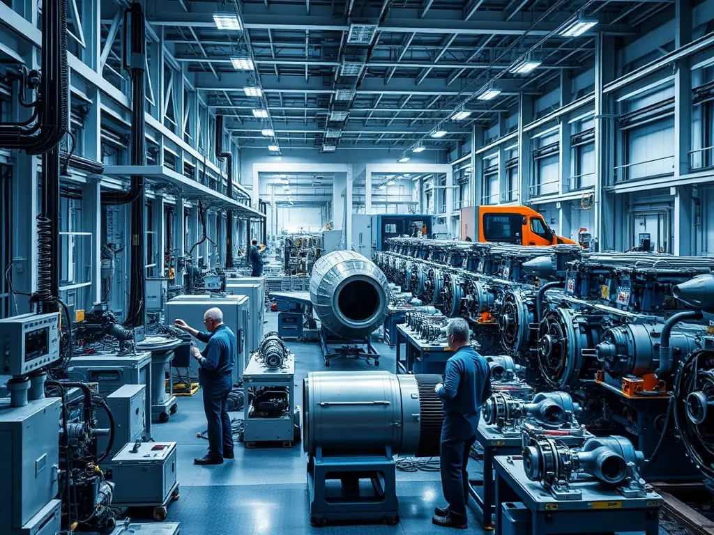 A high-angle, dynamic shot of a modern aerospace manufacturing facility, showcasing advanced technology and skilled engineers working on aircraft components. The image should convey innovation and precision.