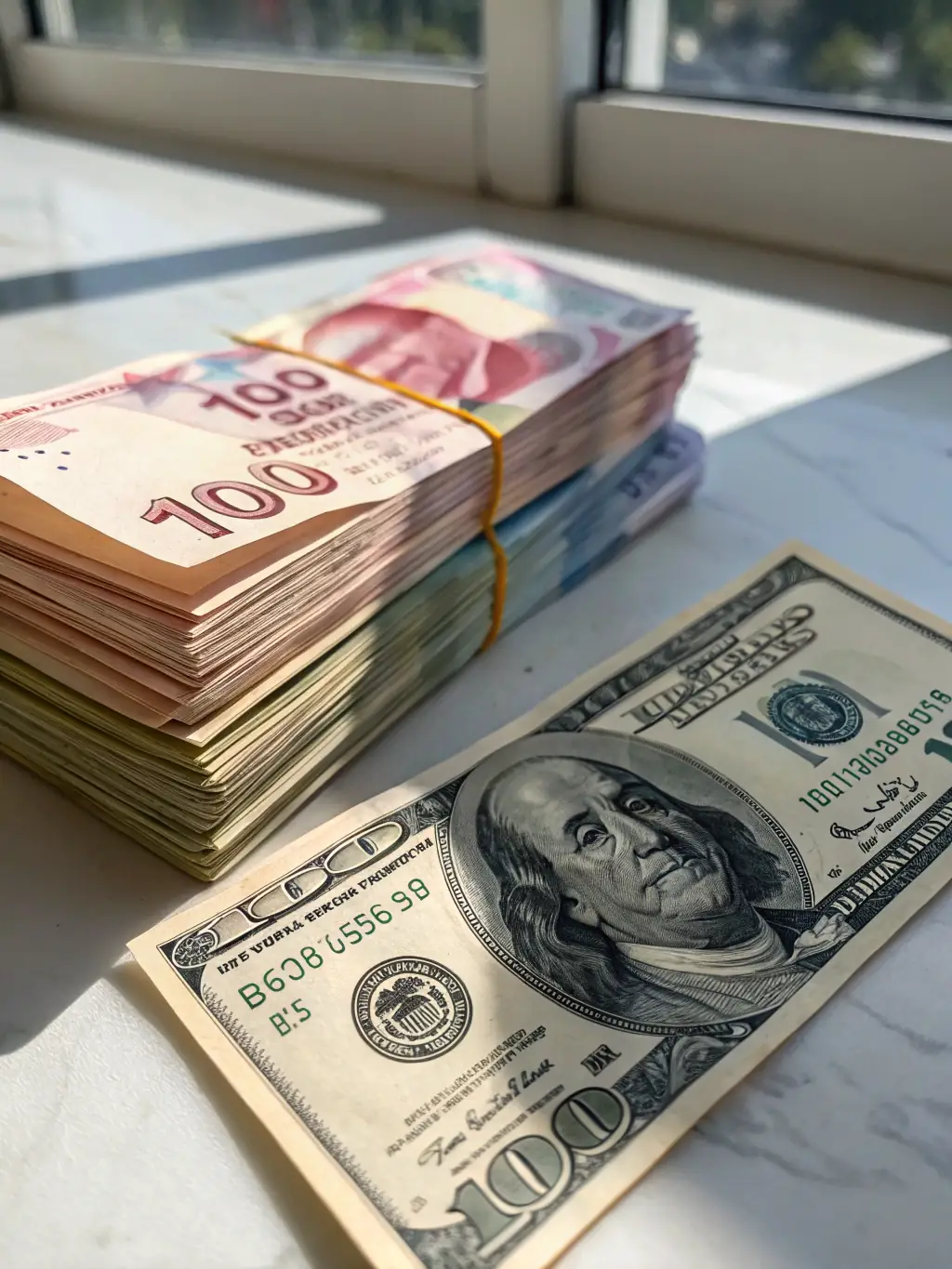 A focused image of a stack of neatly arranged US dollar bills, emphasizing financial stability and available capital for export businesses.