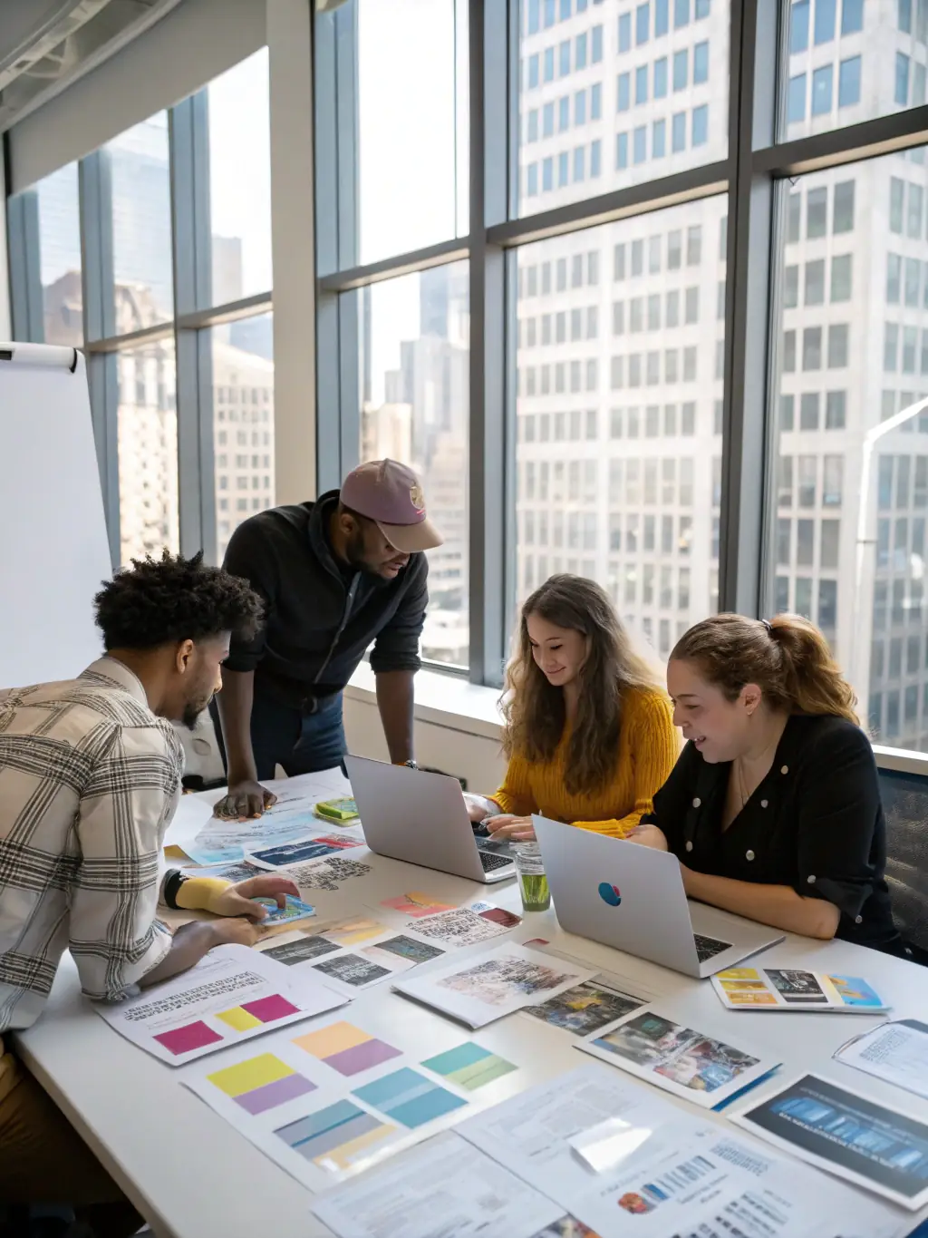 A professional photograph of a design studio team collaborating on a project, symbolizing the growth potential with funding.