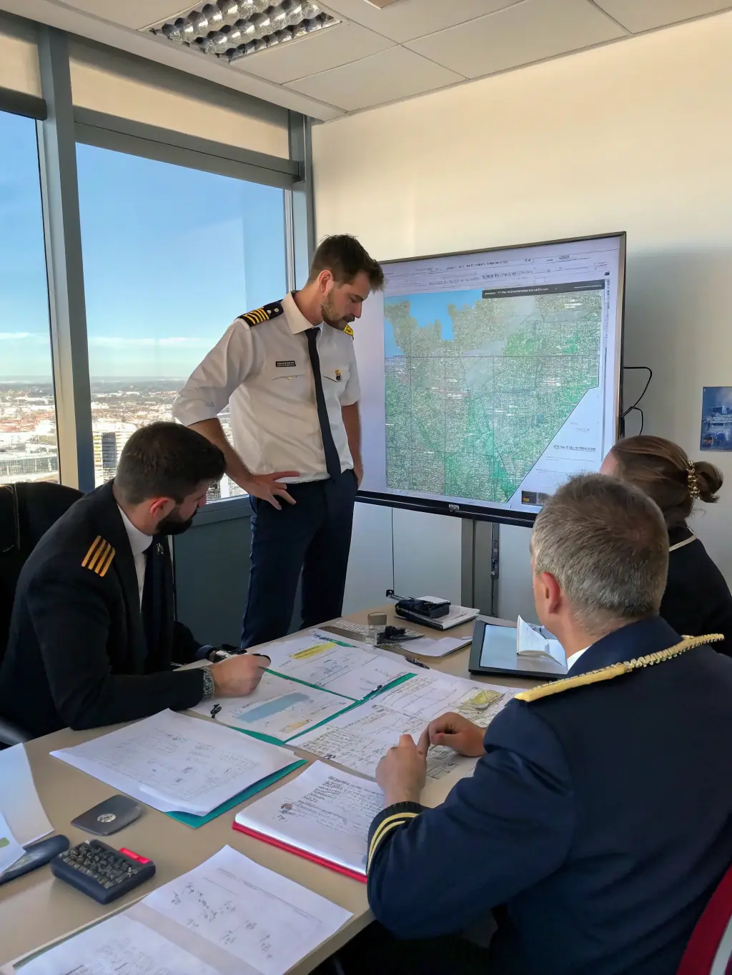 A professional image of aviation professionals in a flight control room, monitoring flight operations, symbolizing efficient management and operational control, for a financial services website.