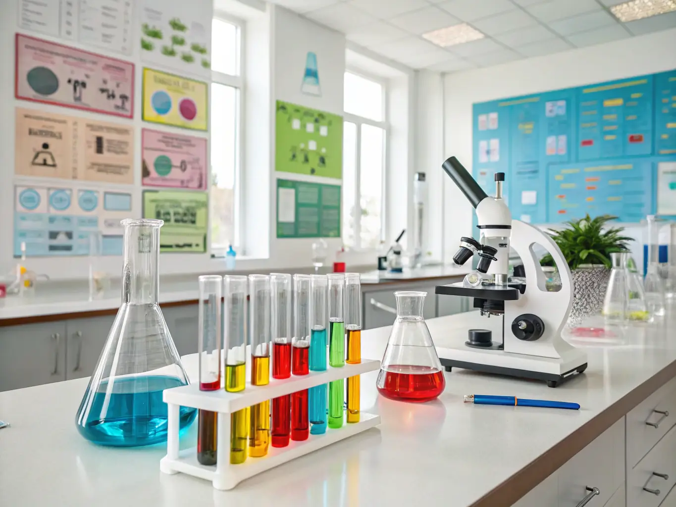 A modern chemical laboratory with various beakers and equipment, symbolizing innovation and research in the chemical industry. The image should convey a sense of progress and technological advancement.