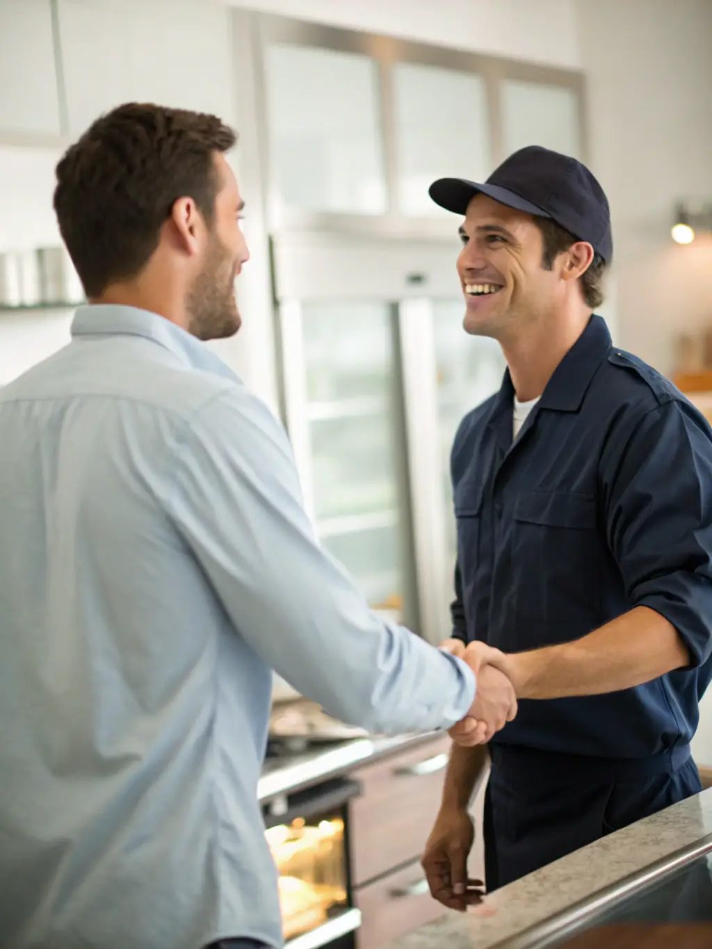 A professional HVAC technician smiling and shaking hands with a Mulah representative, symbolizing a successful funding partnership. The background shows a modern HVAC company office.