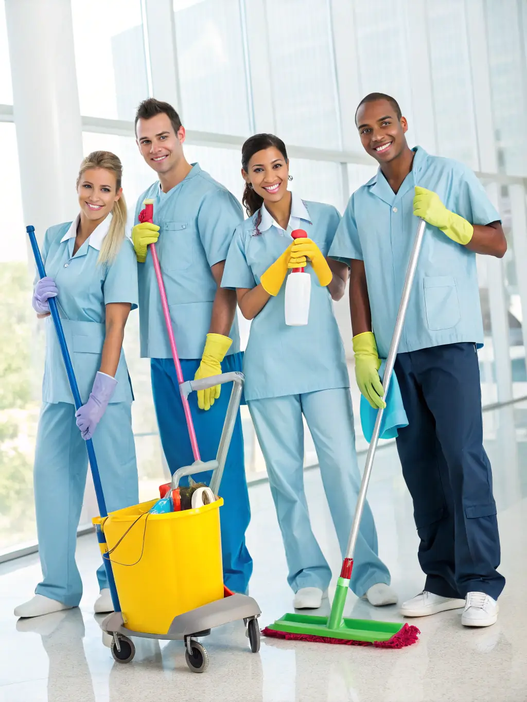 A diverse team of cleaning professionals collaborating on a project, highlighting teamwork and growth.
