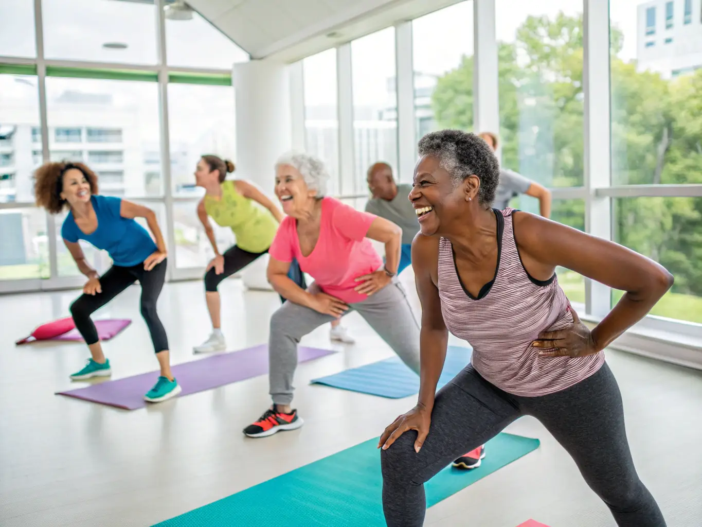 A spacious and well-lit fitness studio with members participating in a group fitness class, highlighting the expansion and improvement of services possible through Mulah's funding.