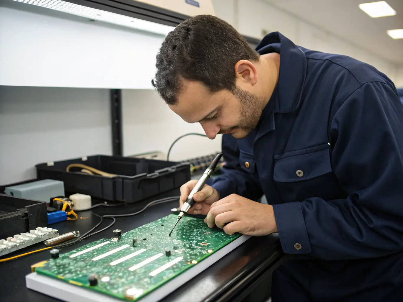 A technician working on a complex electronic repair, highlighting the importance of having access to a line of credit for unexpected expenses.