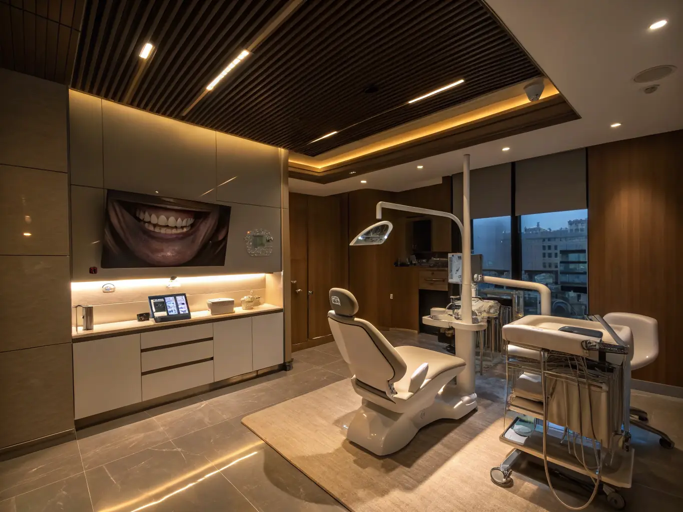 A modern dental office with state-of-the-art equipment, showcasing a dentist using advanced technology on a patient, representing equipment financing.