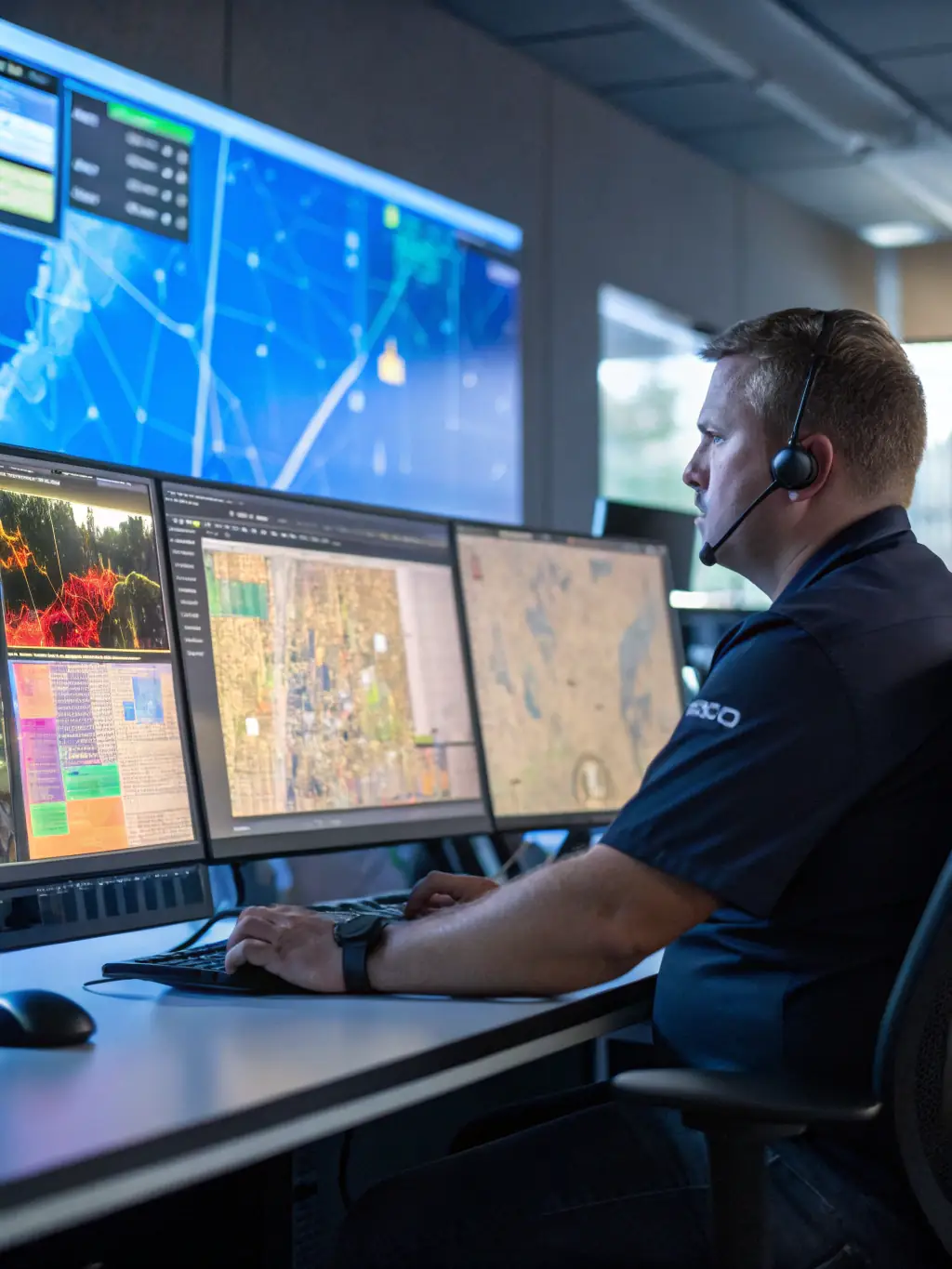 A dispatcher coordinating fuel deliveries using a sophisticated software system, highlighting efficiency and real-time tracking.