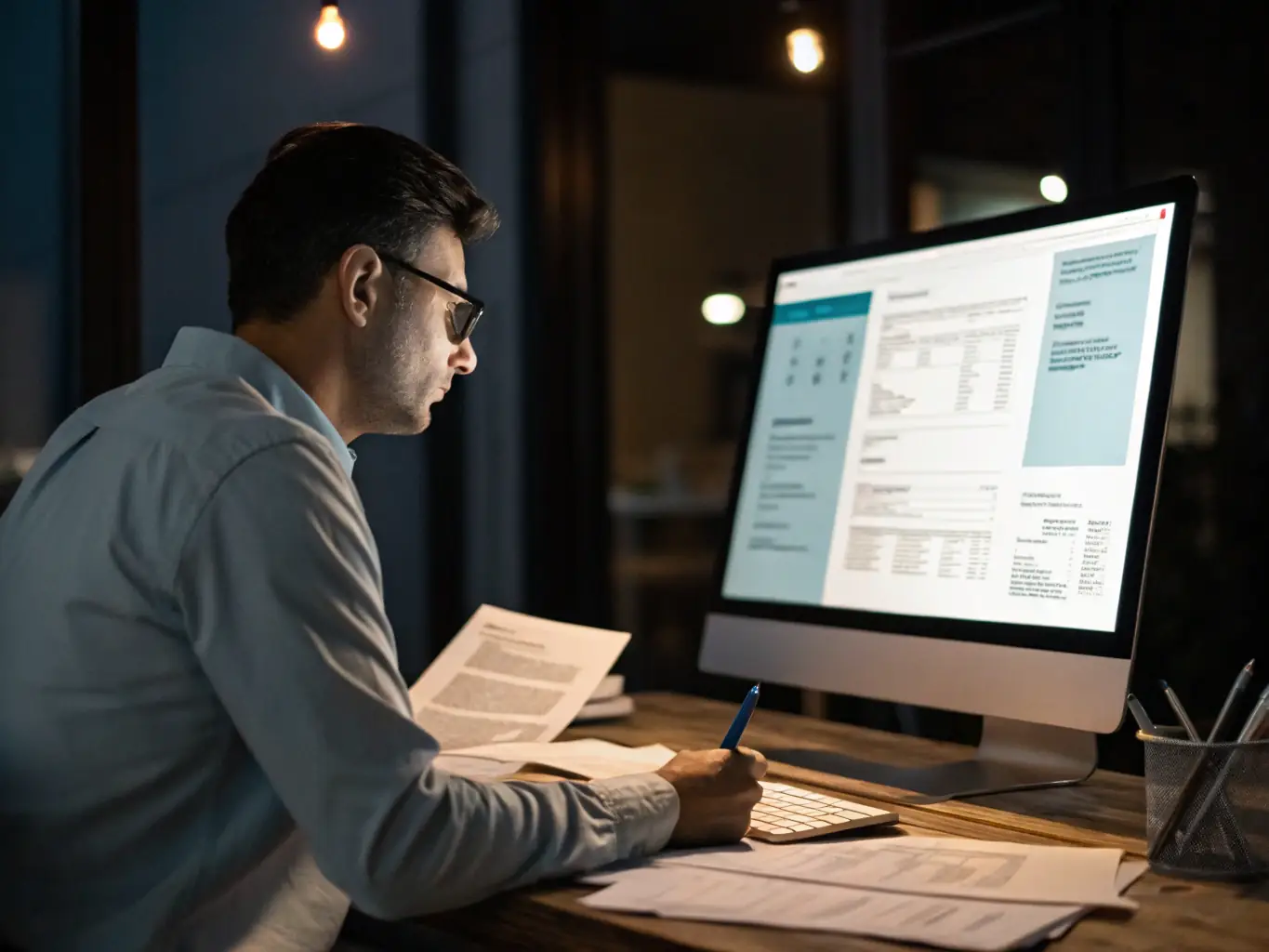 A professional photograph of a bar owner reviewing financial documents with a satisfied expression, highlighting the positive impact of OnDeckClone's funding solutions.