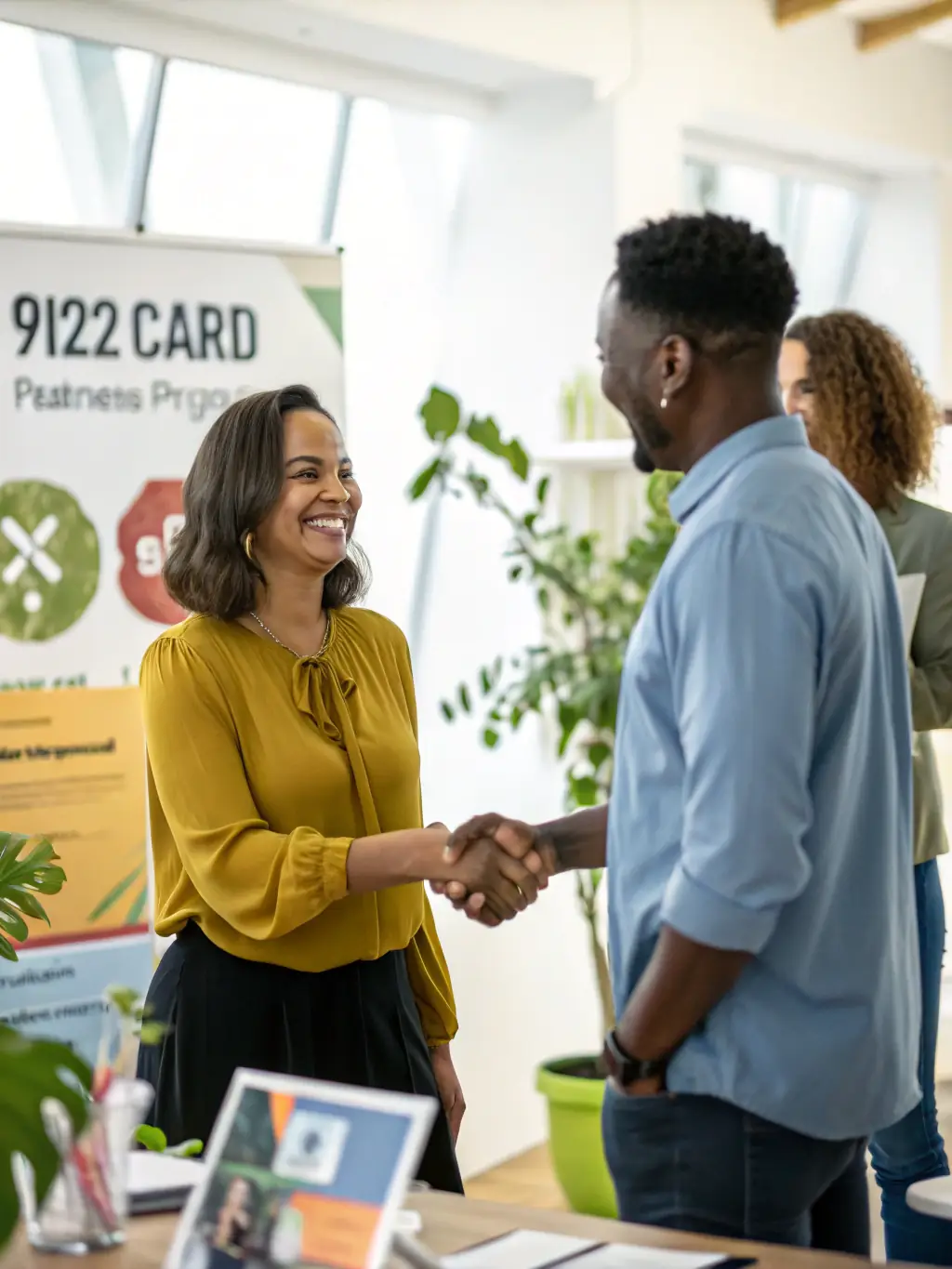 A professional photograph of a diverse group of car rental business owners smiling and shaking hands, symbolizing partnership and success.