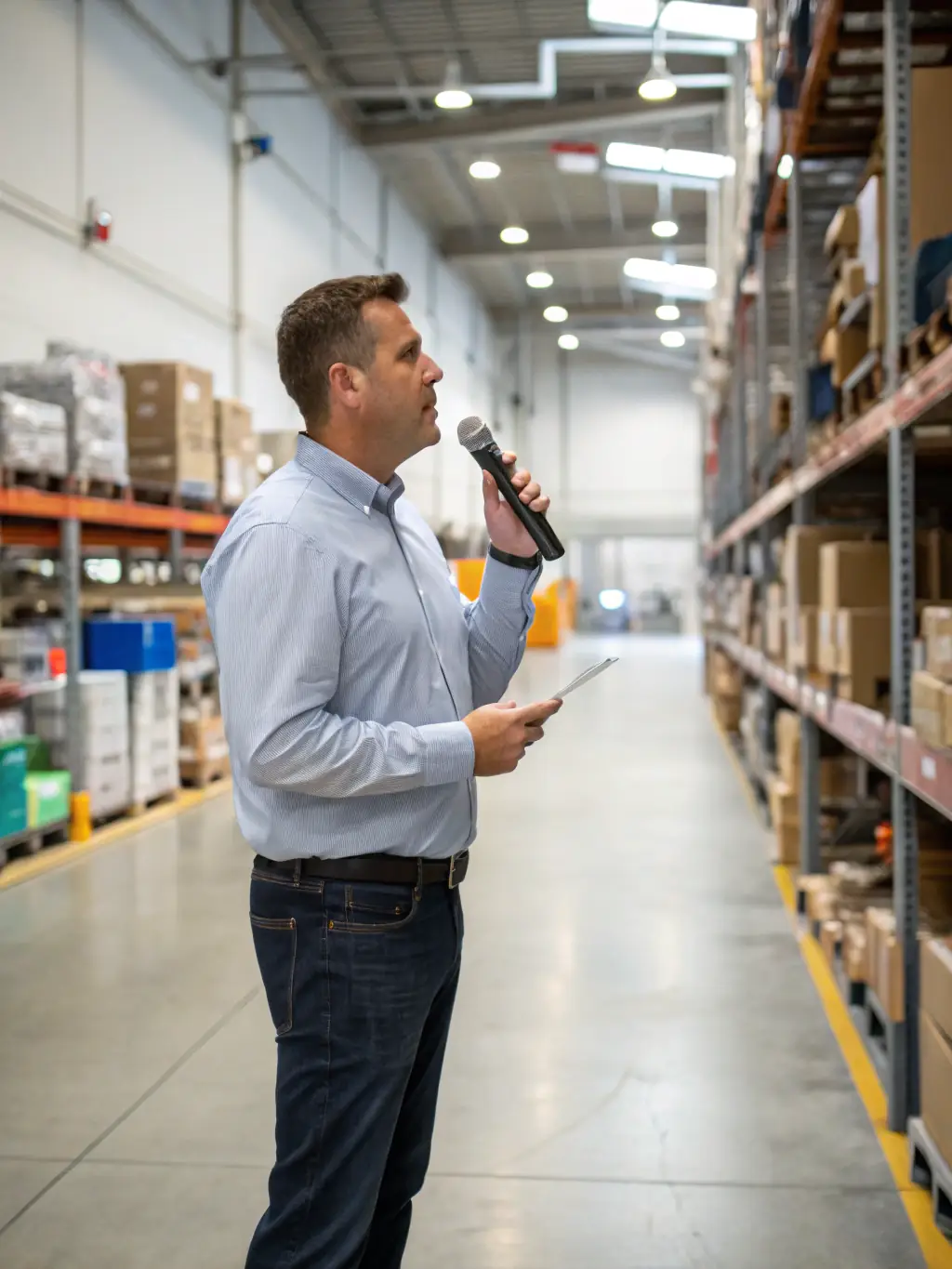 A photograph of a Shopify store owner using Mulah funding to purchase new inventory, showcasing a diverse range of products in their warehouse.