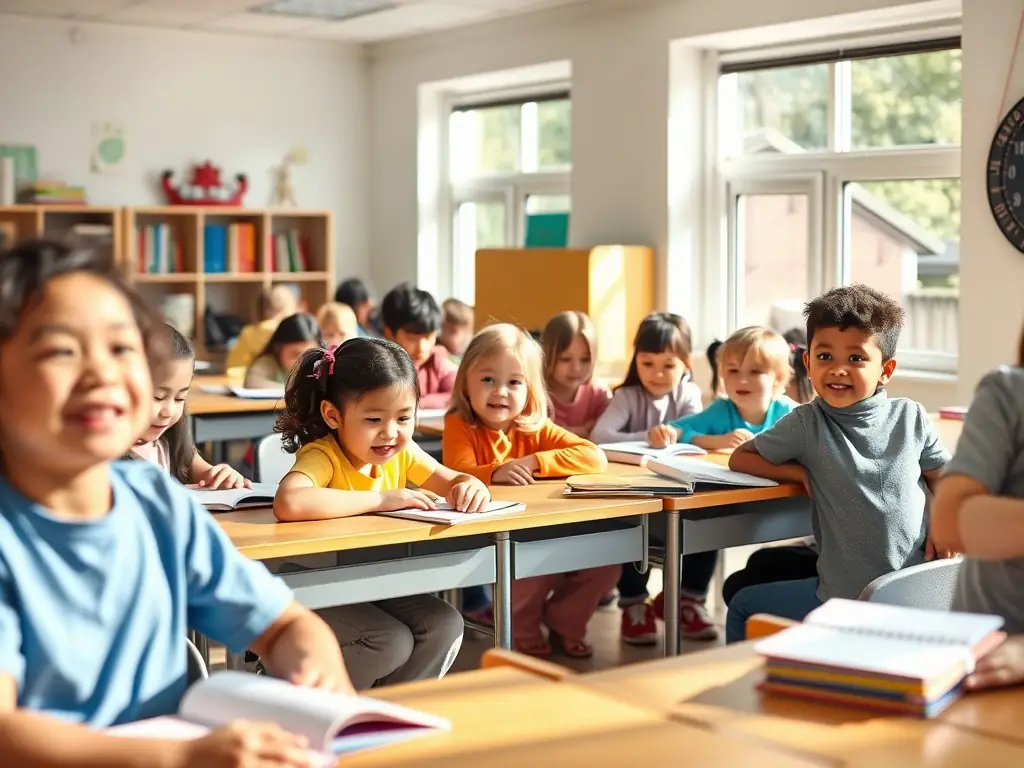 A brightly lit and cheerful child care center classroom with children engaged in various activities, symbolizing a thriving and well-funded educational environment.