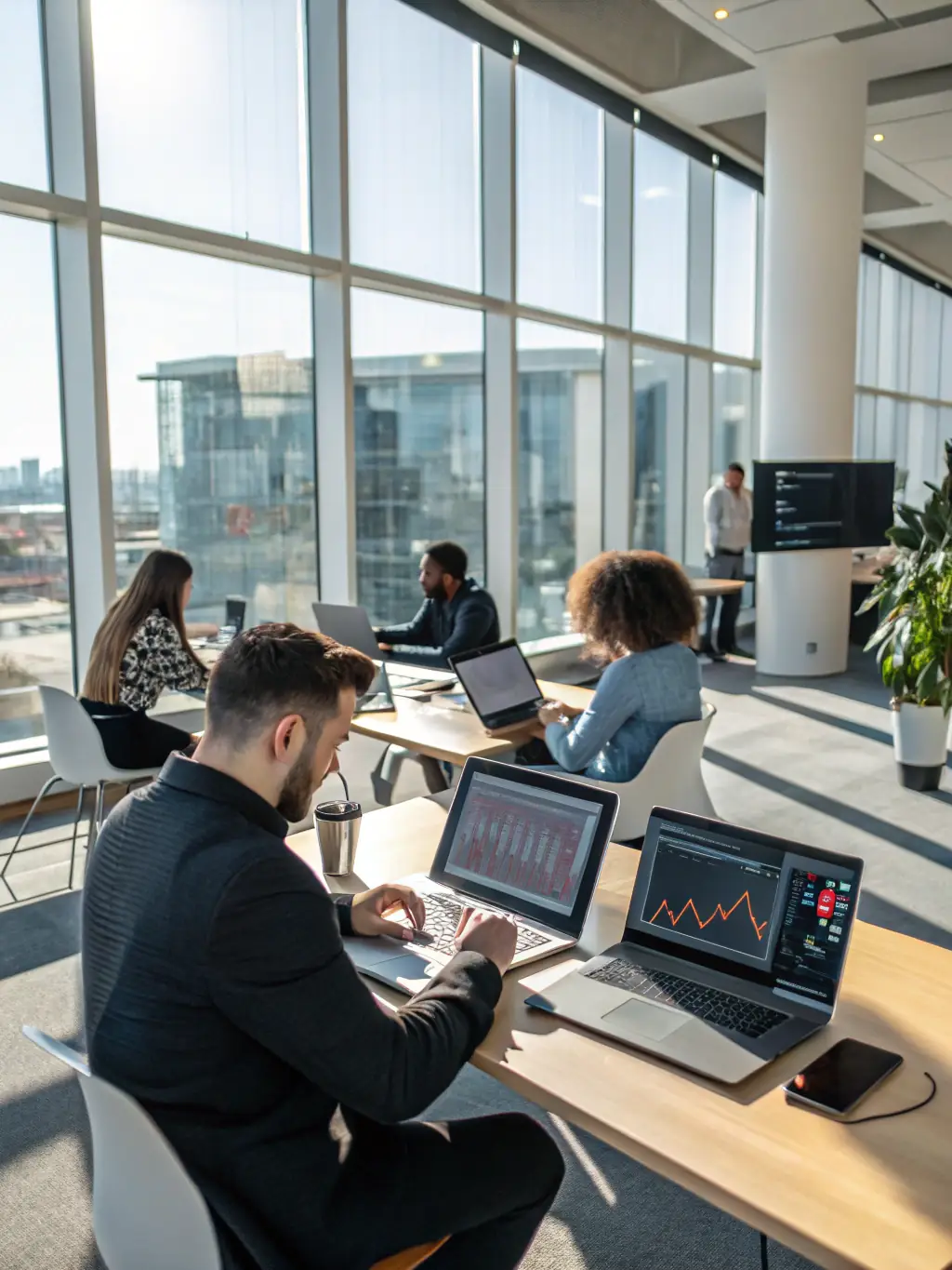A professional photograph of a modern office space with employees collaborating on laptops, representing the ease and accessibility of Mulah's funding solutions.