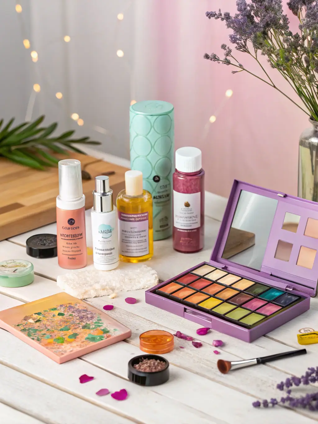 A beauty product display with a 'New' sticker, highlighting the importance of fresh inventory, alongside a tablet showing a funding application.