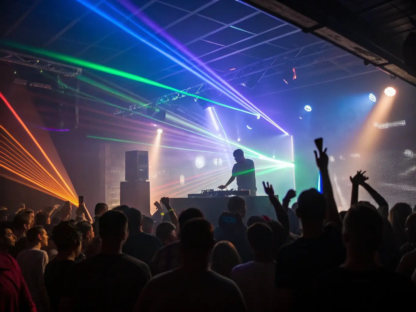 A dynamic image of a nightclub with a DJ playing music and people dancing. The lighting is colorful and energetic, capturing the excitement of the nightlife scene.