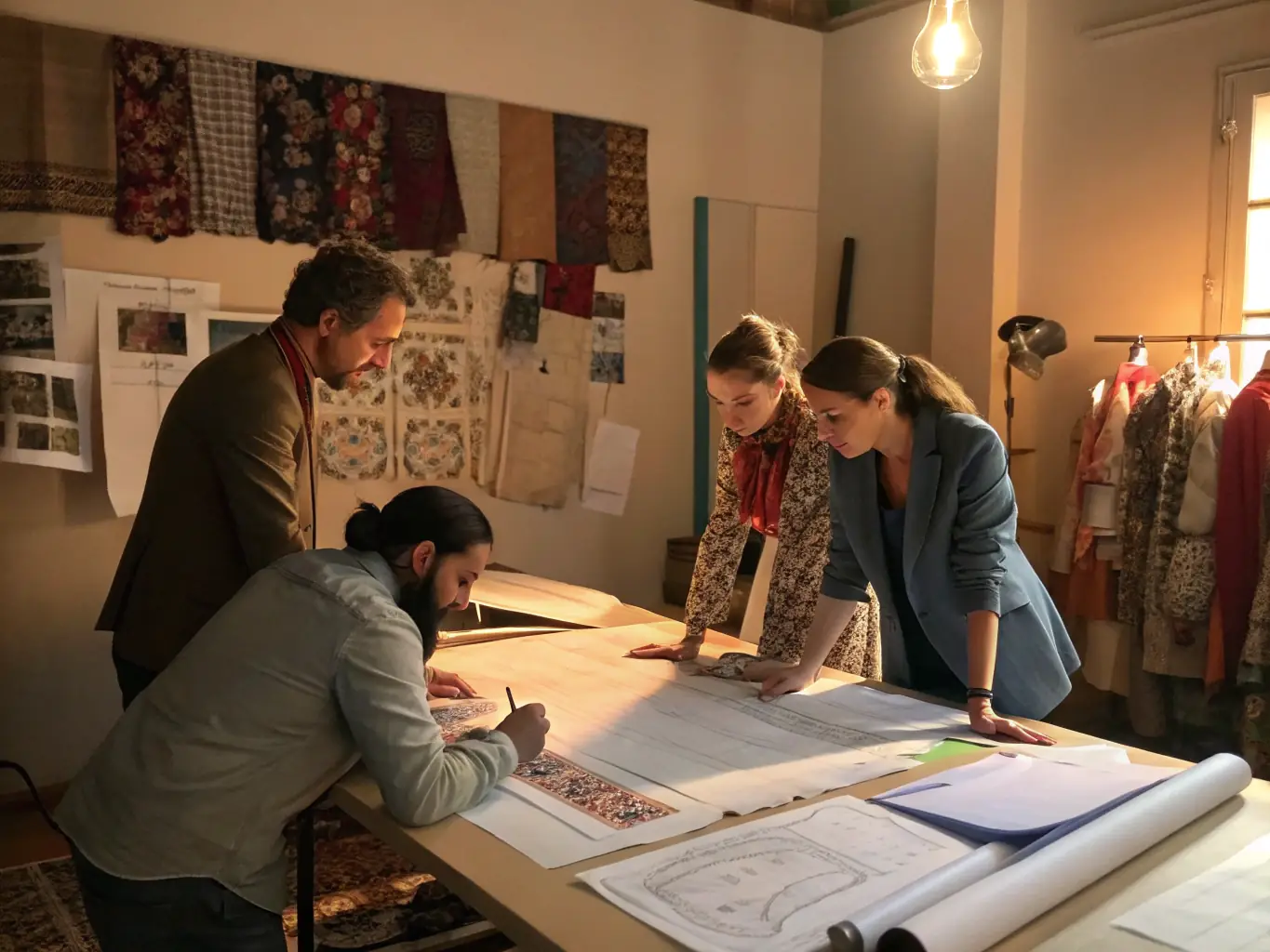 A brightly lit fashion design studio with various fabric samples, sewing machines, and designers working collaboratively on new apparel designs, representing the dynamic environment of the fashion industry.