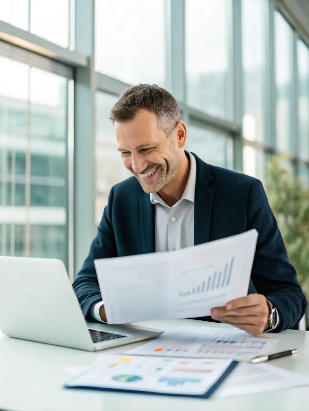 Ammunition business owner reviewing financial reports with a satisfied expression, highlighting the positive impact of flexible funding solutions.