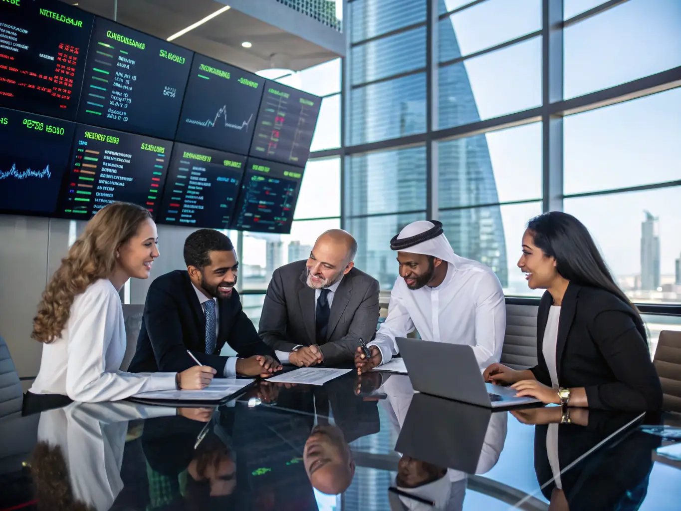 A diverse team of Mulah financial experts collaborating on a funding strategy for an automotive client, emphasizing personalized service.