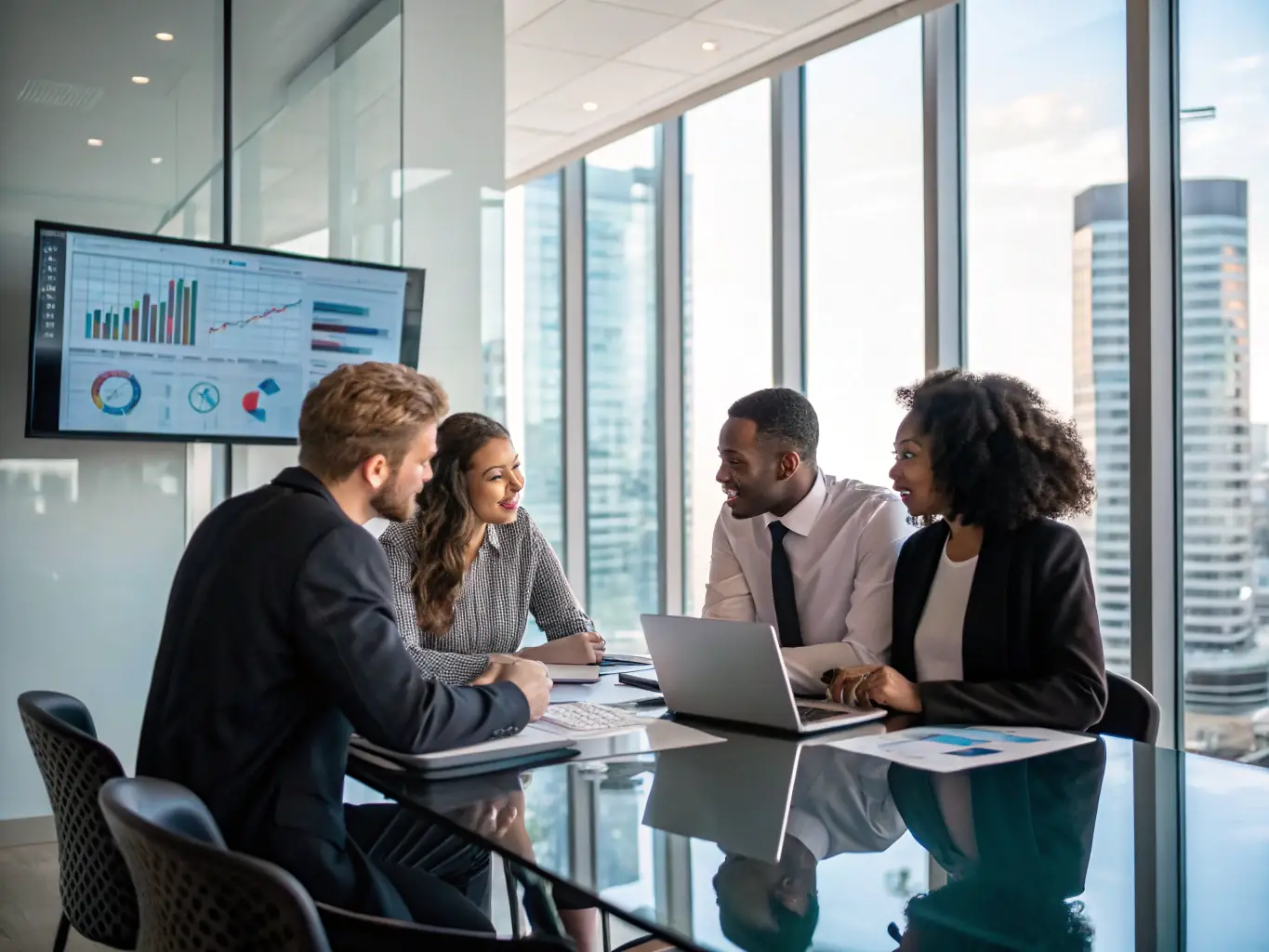 A team of financial experts reviewing a farming business plan in a modern office setting, emphasizing the thorough evaluation process at OnDeckClone.