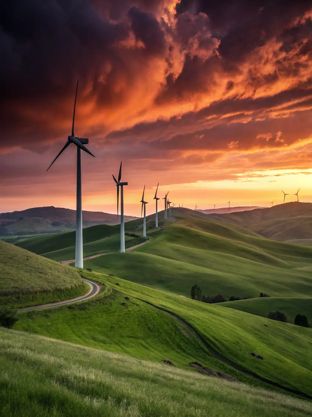 A wind turbine farm at sunset, representing clean energy and renewable resources.
