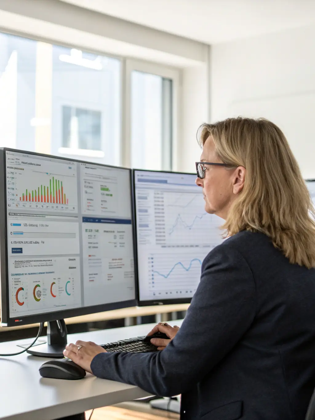 A detective agency owner reviewing financial documents in a well-lit office, symbolizing careful planning and resource management.