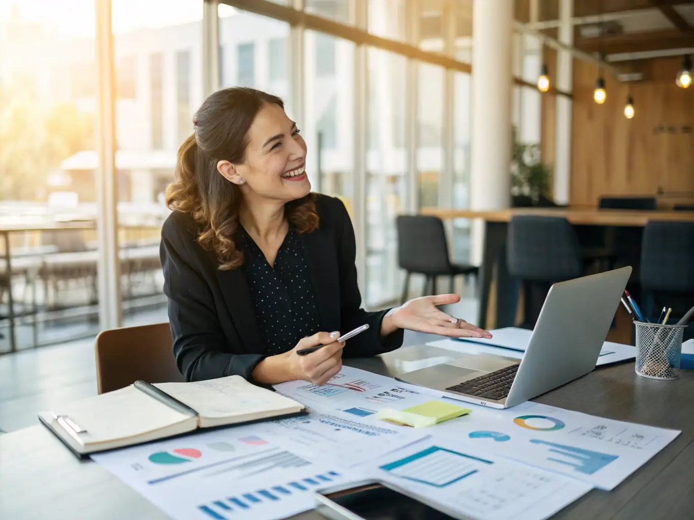 A consultant working on a laptop in a modern office, reviewing financial data and smiling confidently, symbolizing the ease and efficiency of Mulah.com's funding process.