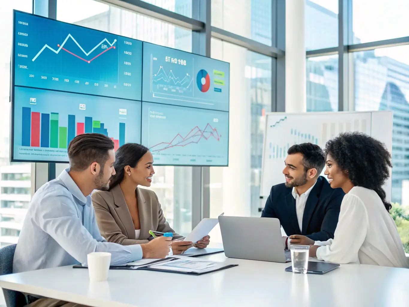 A diverse group of communications professionals collaborating on a project, highlighting the flexibility and adaptability of OnDeckClone's funding solutions.