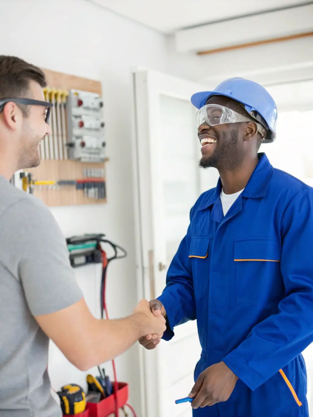 An electrician shaking hands with a satisfied client in front of a newly completed, brightly lit commercial building, signifying trust and success.
