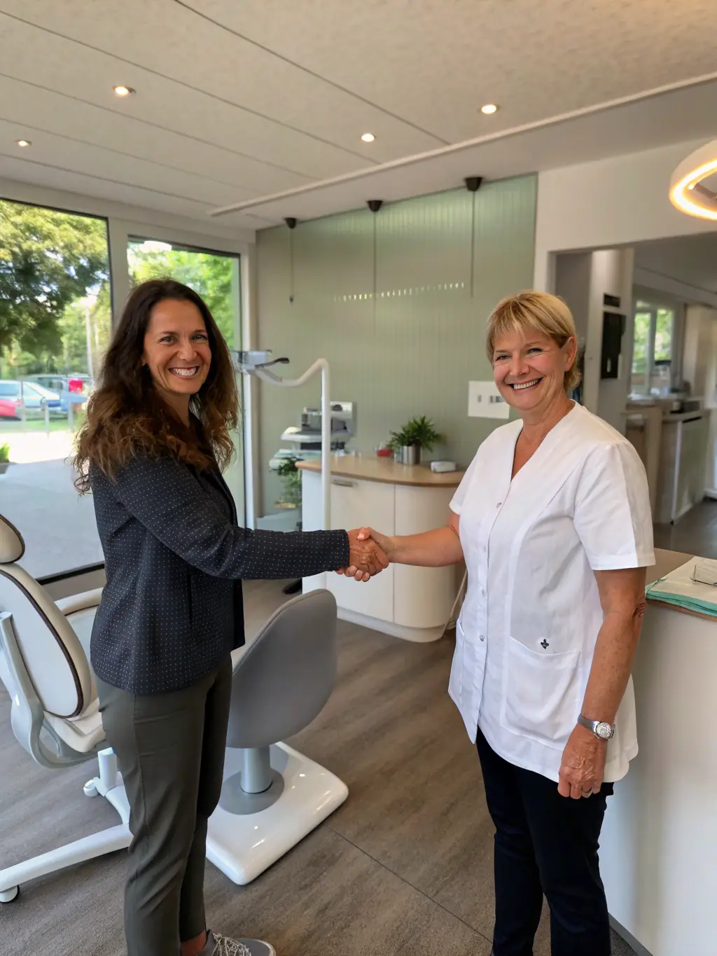 A dental practice owner shaking hands with a Mulah representative, signifying a strong partnership for growth and success.