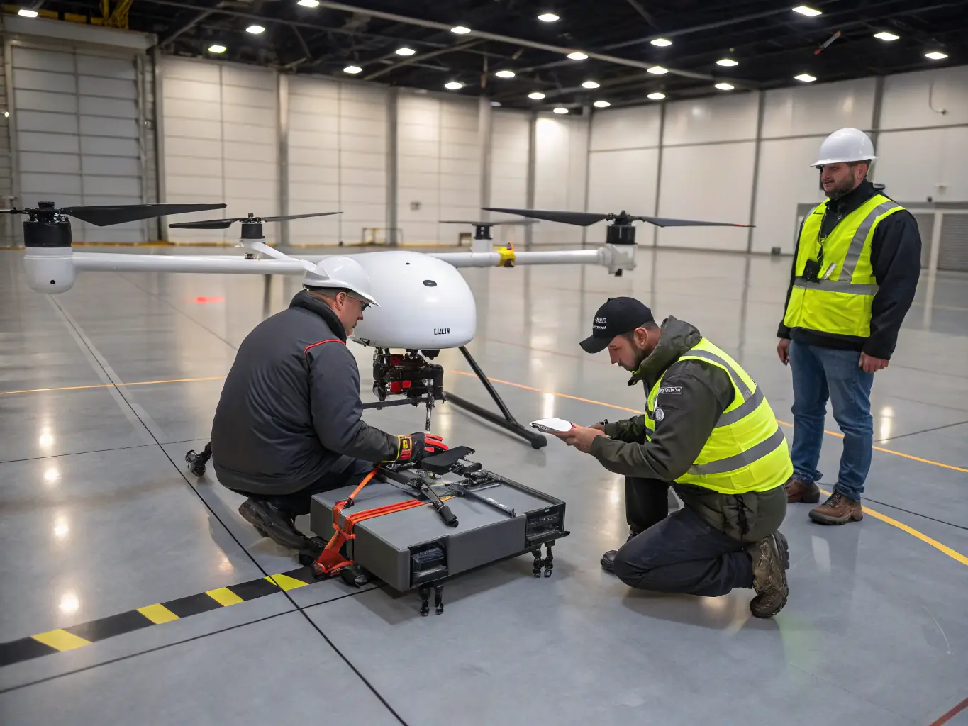 A diverse team of engineers and technicians working on an aircraft, representing the collaborative effort and investment required in the defense sector.