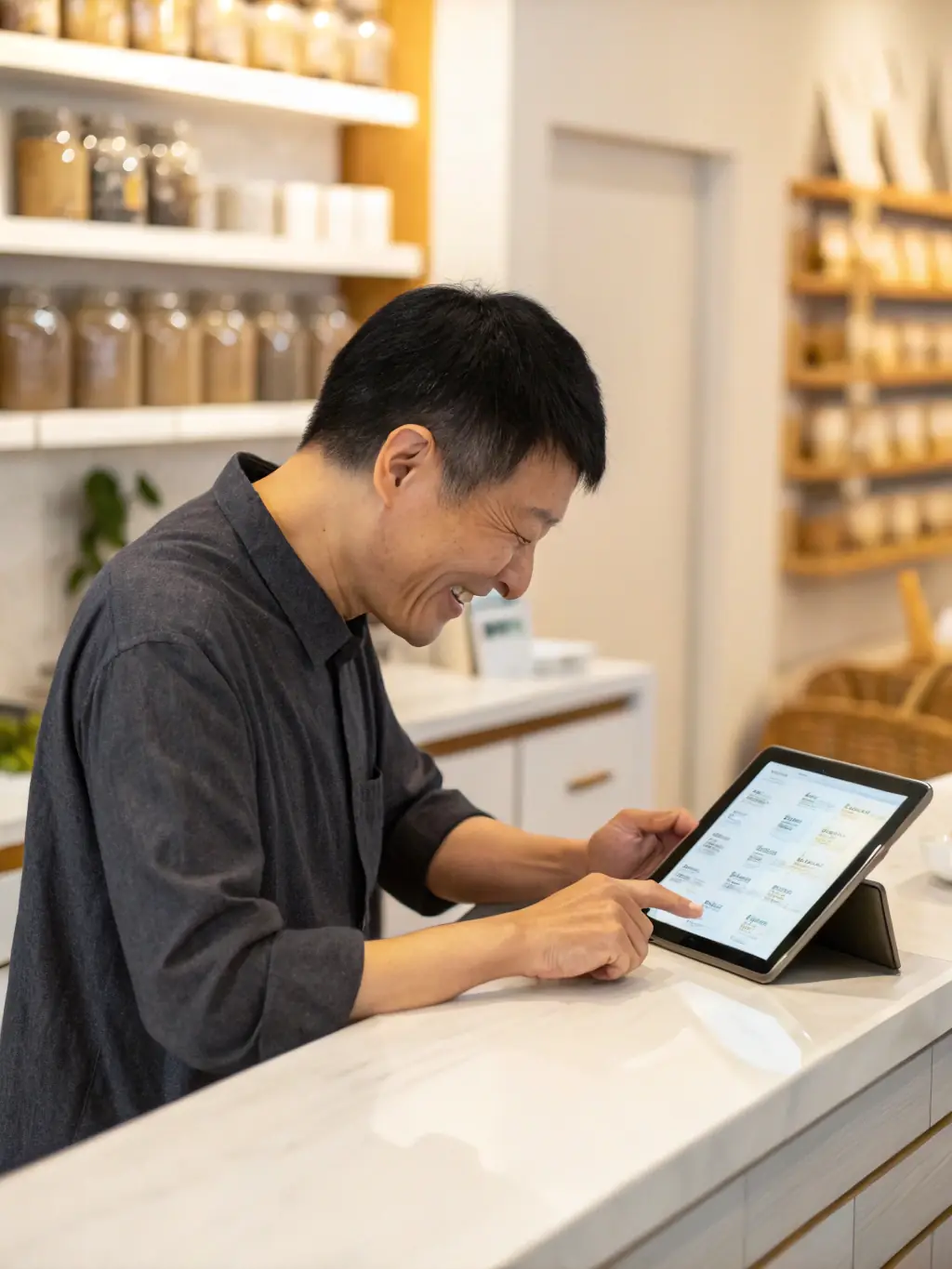 A convenience store owner smiling and confidently pointing to a Mulah-branded tablet displaying positive funding approval.