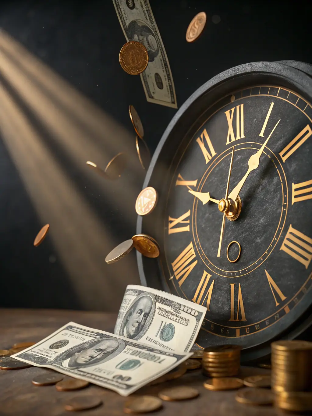 A clock with money swirling around it, representing the quick approval and funding process Mulah provides.