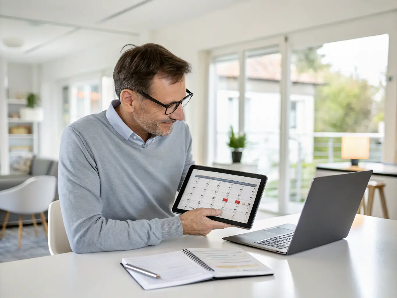 A detective agency owner reviewing financial statements in a well-lit office, symbolizing financial clarity and control.