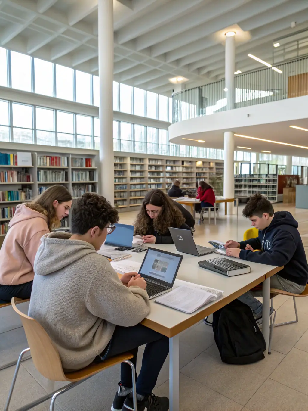 A diverse group of students happily studying together in a modern library, symbolizing the accessibility of education through Mulah's funding.