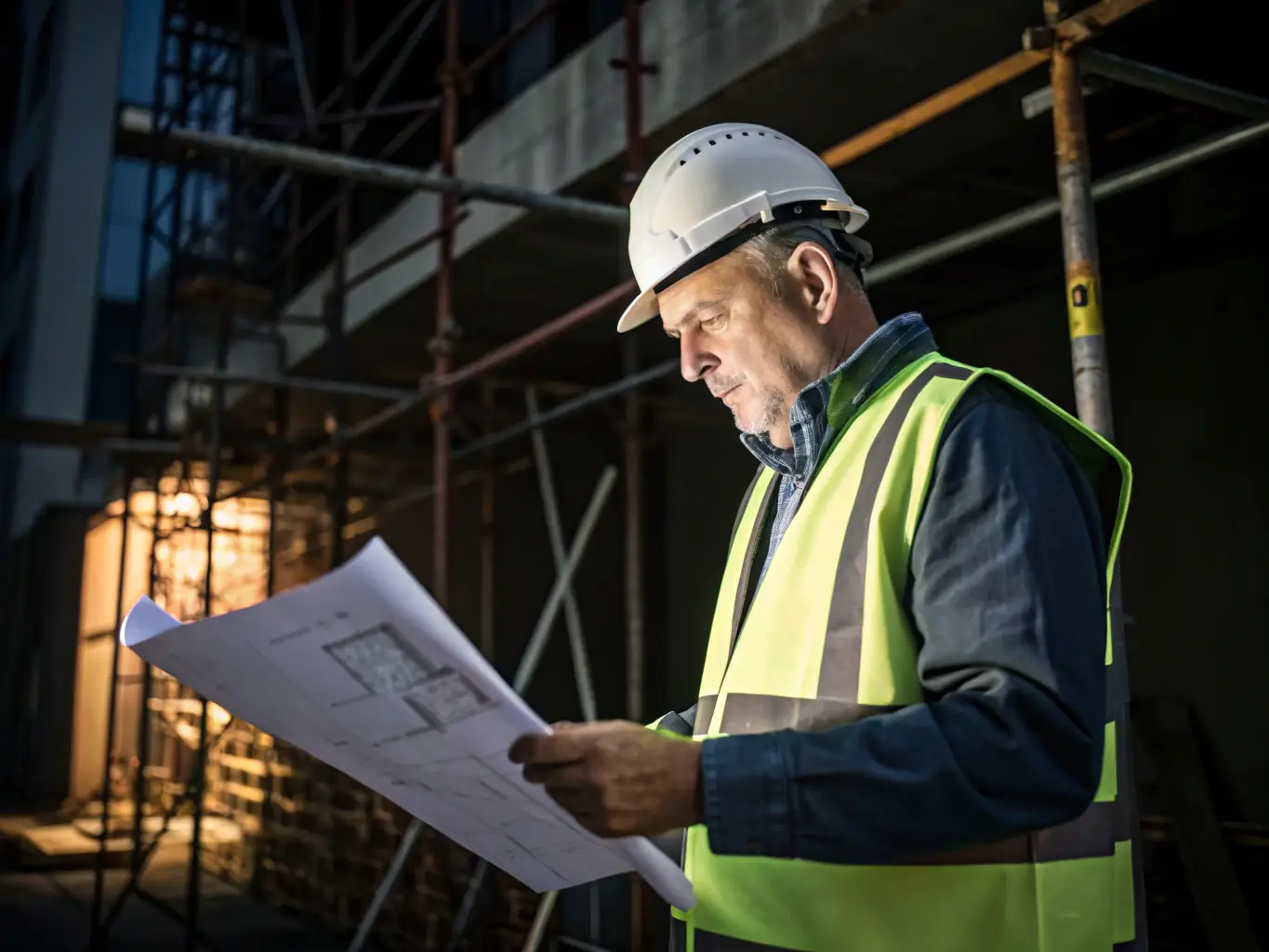 A contractor reviewing project blueprints at a construction site, symbolizing the ability to take on larger projects with Mulah's funding.